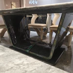 Green Veined Marble Dining Table with High-Gloss Dark Angled Pedestal and Stone Inlay Accents